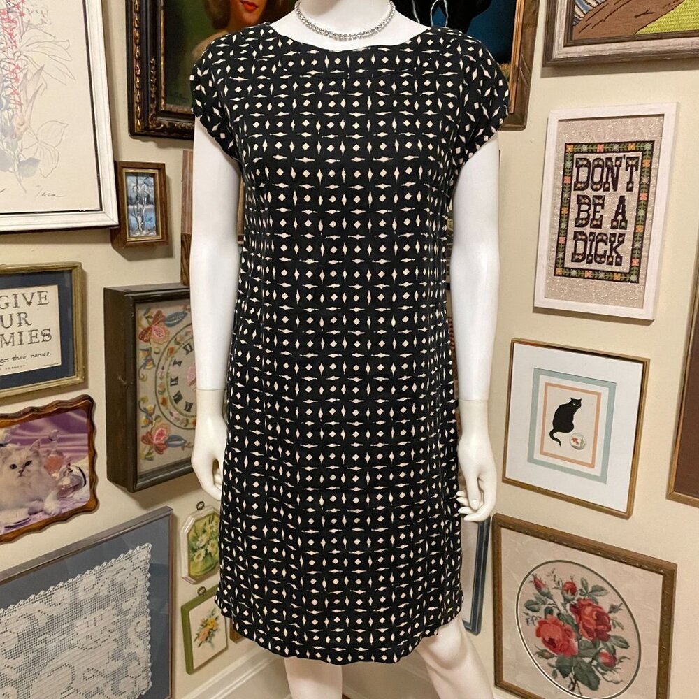J. Jill Love Linen Black & Beige 100% Linen Patterned Dress Cap Sleeve XS Missy